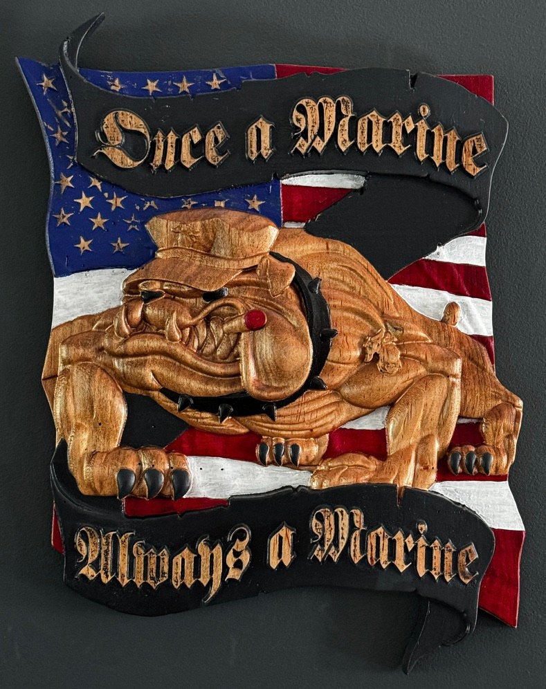 Marine Corps Bulldog custom CNC carving by Singed Impressions